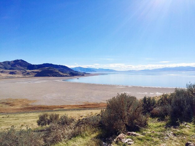 Scenic view of beach against blue sky