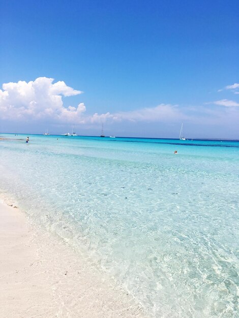 Scenic view of beach against blue sky