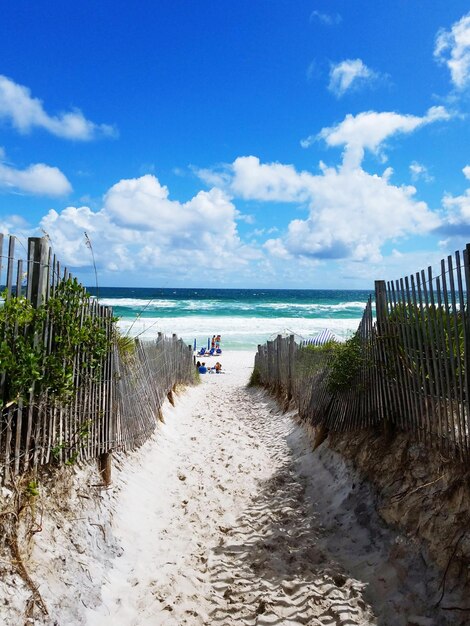 Scenic view of beach against blue sky