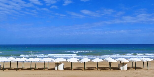 Scenic view of beach against blue sky