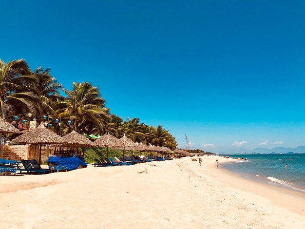 Scenic view of beach against clear blue sky