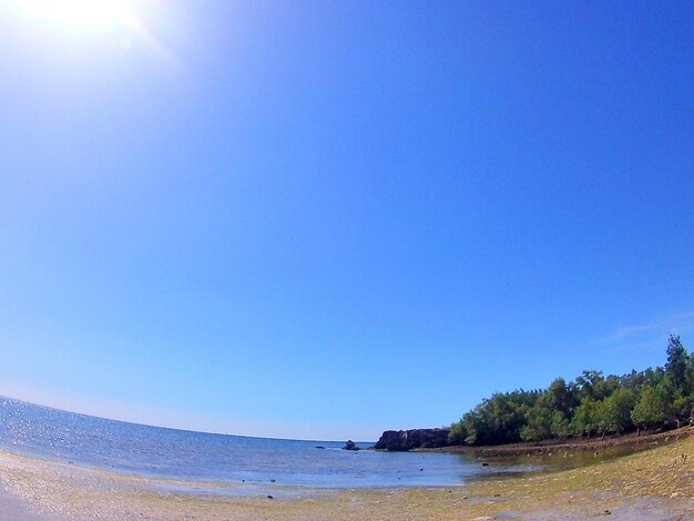 Scenic view of beach against clear blue sky