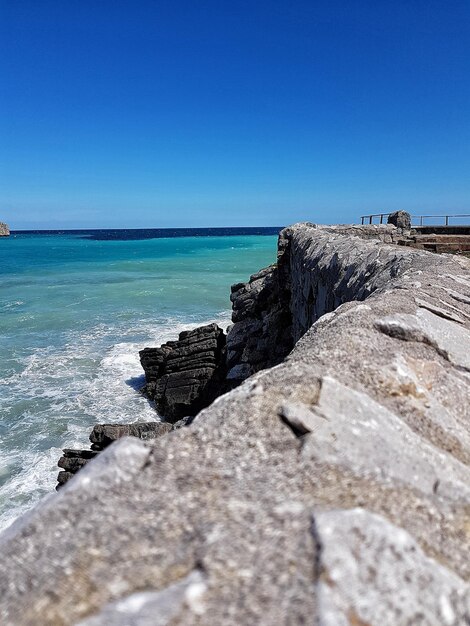 Scenic view of beach against clear blue sky