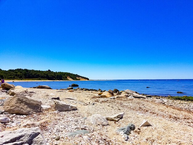 Scenic view of beach against clear blue sky