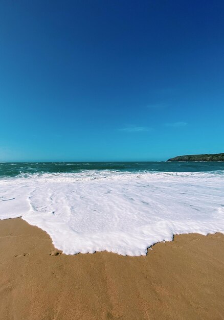 Scenic view of beach against clear blue sky