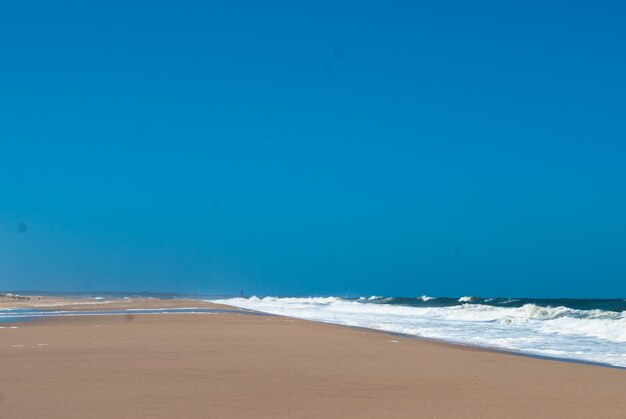 Scenic view of beach against clear blue sky