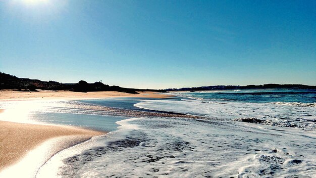 Scenic view of beach against clear blue sky