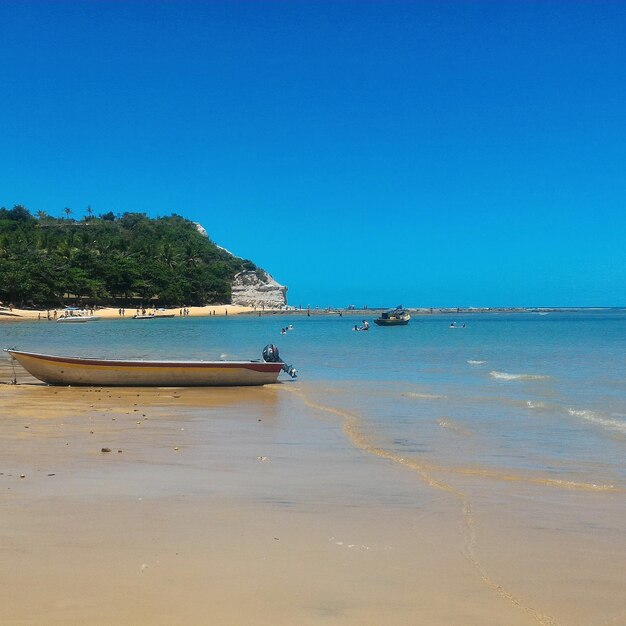 Scenic view of beach against clear blue sky