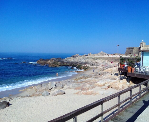 Scenic view of beach against clear blue sky