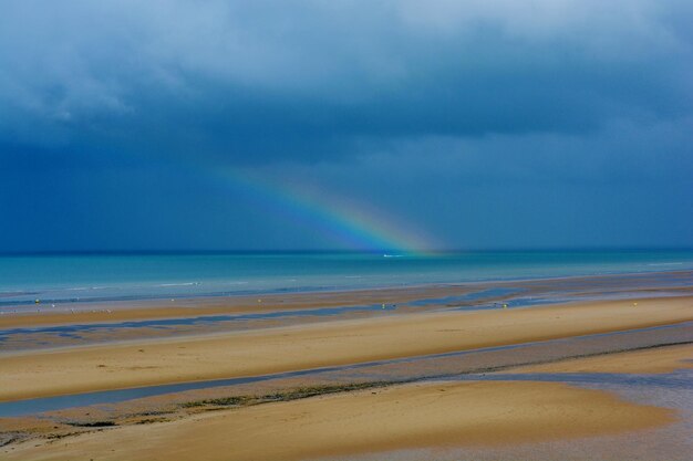 Scenic view of beach against cloudy sky