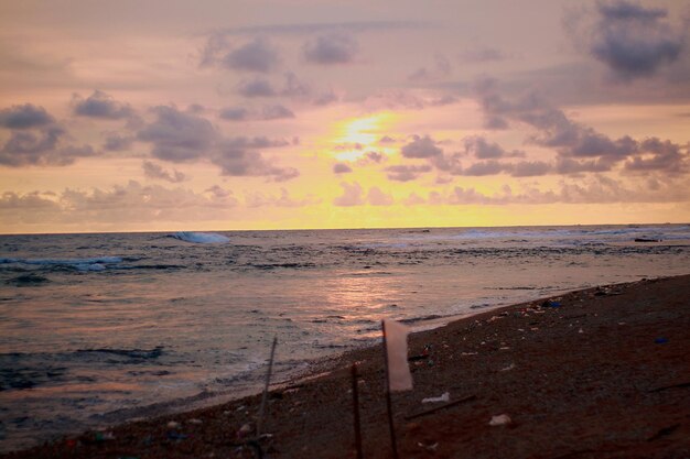 Scenic view of beach against sky during sunset