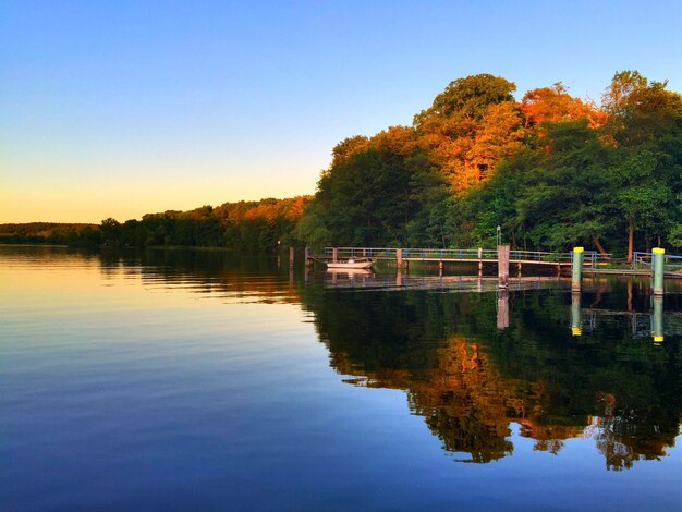 Foto vista panoramica del lago calmo con il riflesso degli alberi al tramonto