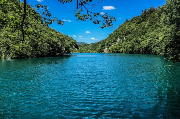 Foto vista panoramica del lago calmo