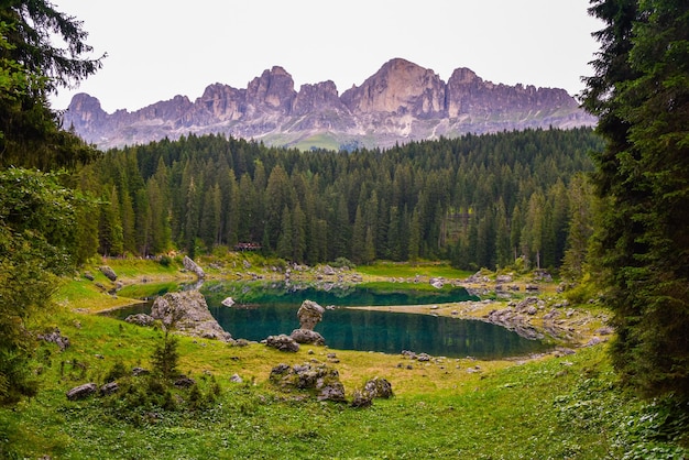scenic view of carezzas lake and trees against sky