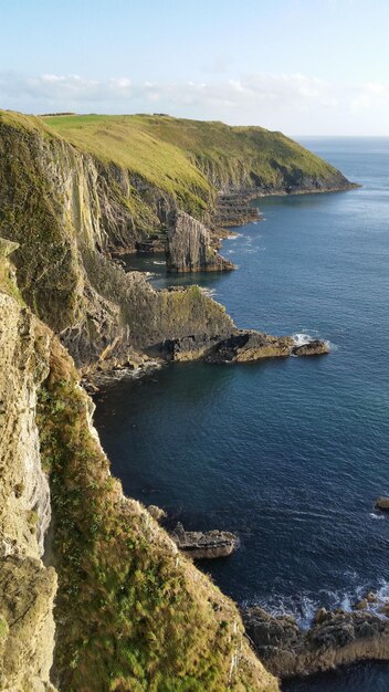 Scenic view of cliffs by sea against sky