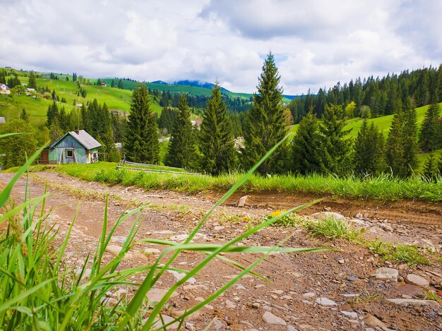 Scenic view of a cuontry road leading to an old village of wooden cabins on the hills of carpathians