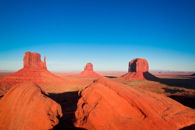 scenic view of desert against clear blue sky