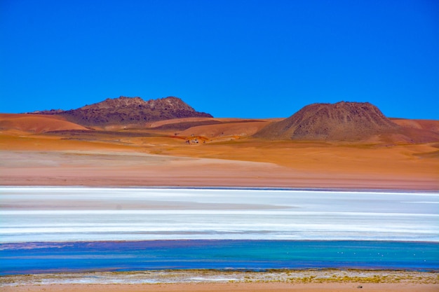 Scenic view of desert against clear blue sky