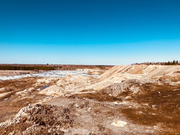 Scenic view of desert against clear blue sky