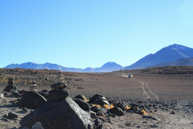 Scenic view of desert against clear blue sky