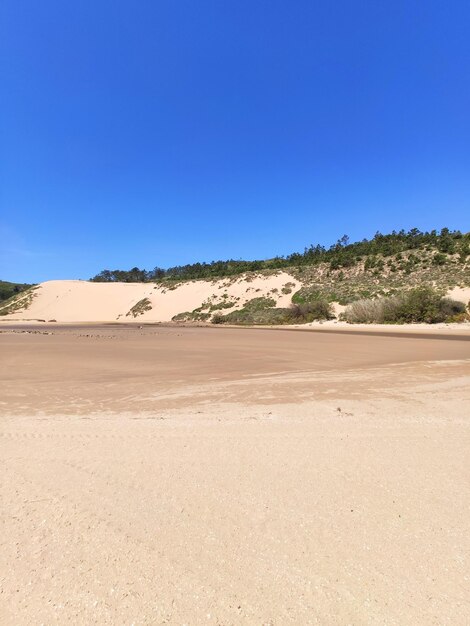 Scenic view of desert against clear blue sky