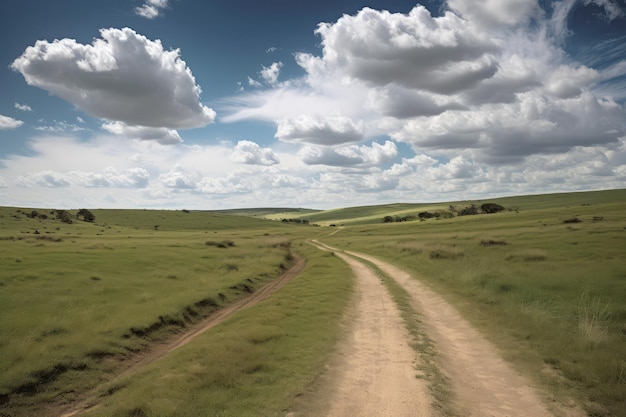 Scenic view of dirt road and grassy field generative AI