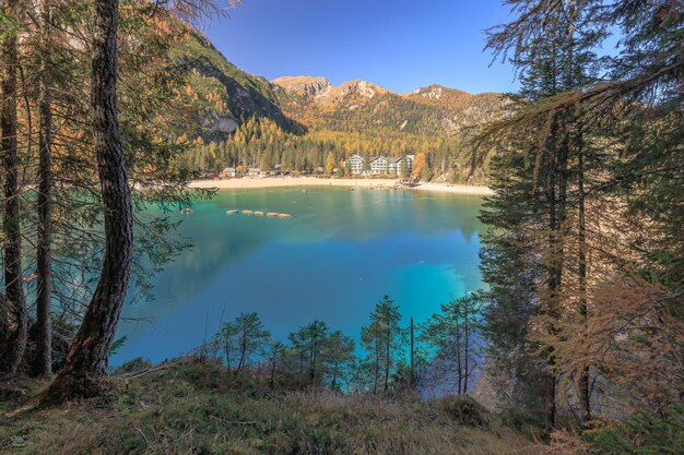 Scenic view to the dolomites lake lago di braies