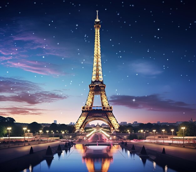 Scenic view of the Eiffel Tower at night in Paris France