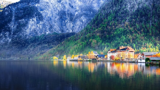 Scenic view of famous Hallstatt mountain village with Hallstatter lake