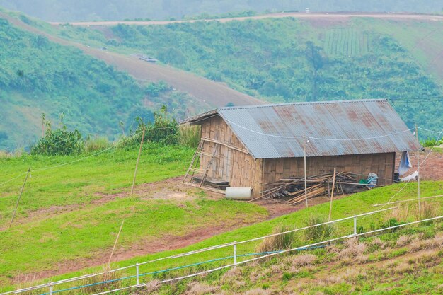 山の背景にある農場の景色