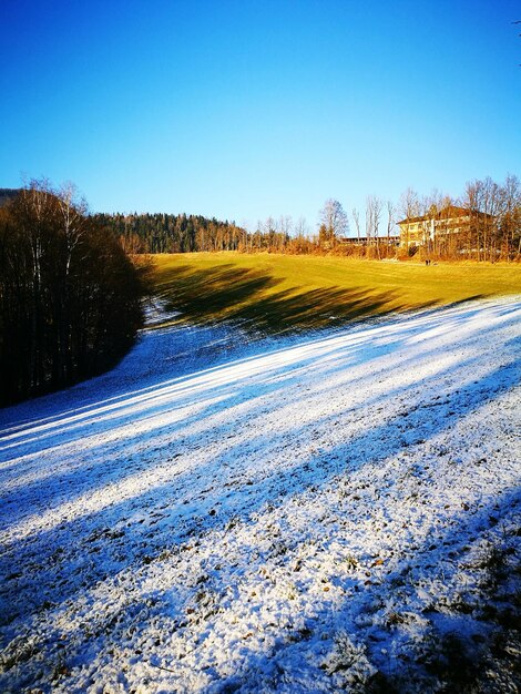 Scenic view of field against clear blue sky