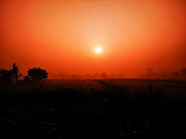 Scenic view of field against romantic sky at sunset