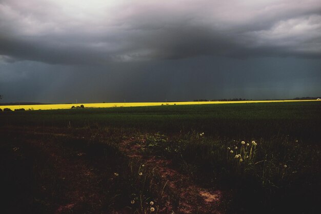 Scenic view of field against storm clouds