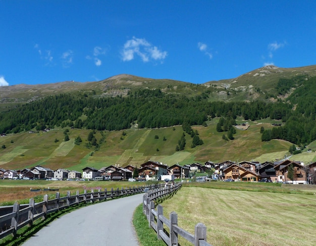 青い空を背景に野原と山の景色