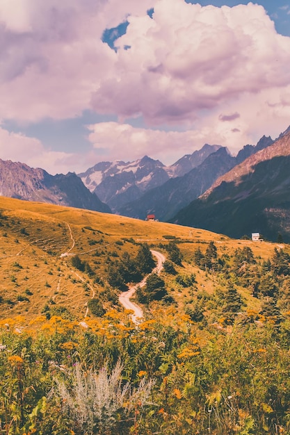 Photo scenic view of field and mountains against sky