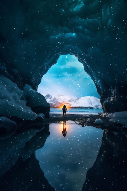 동굴 호수 와 밤 하늘 에 있는 밤 의  ⁇ 은 강 에서 북극 의 얼음 동굴 에서의 경치 좋은 전망