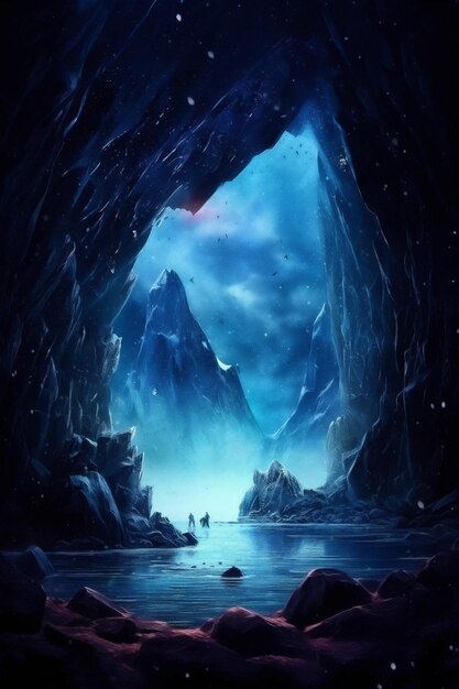 a scenic view from ice cave in north pole at the night clear river in the cave lake and night sky