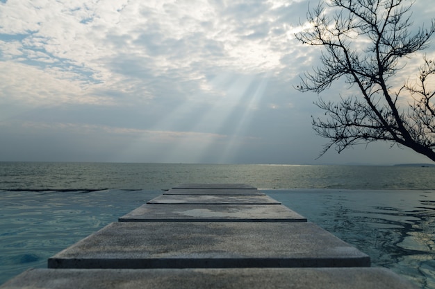 Scenic view from pool to the sea with a beautiful clouds