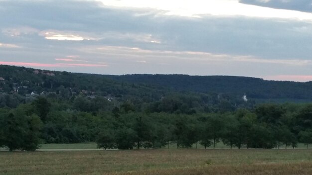 Foto vista panoramica di un campo erboso contro un cielo nuvoloso