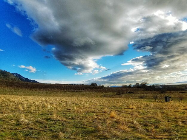 Scenic view of grassy field against cloudy sky