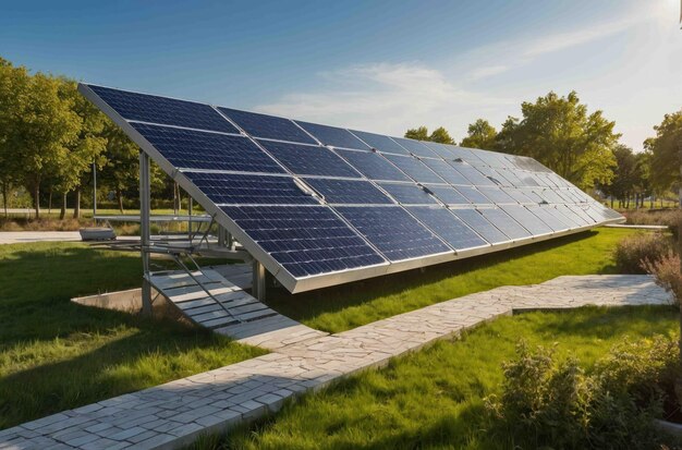 A scenic view of a green energy solar farm with large solar panels