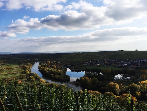 Scenic view of green landscape against cloudy sky