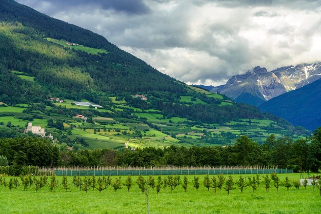 Vista panoramica del paesaggio verde e delle montagne sul cielo