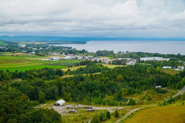 Scenic view of green landscape and sea against sky