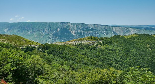 Scenic view of green meadows big mountain Dagestan