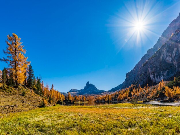 Scenic view if mountains against clear blue sky during autumn