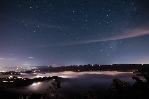 scenic view illuminated landscape against star field at night