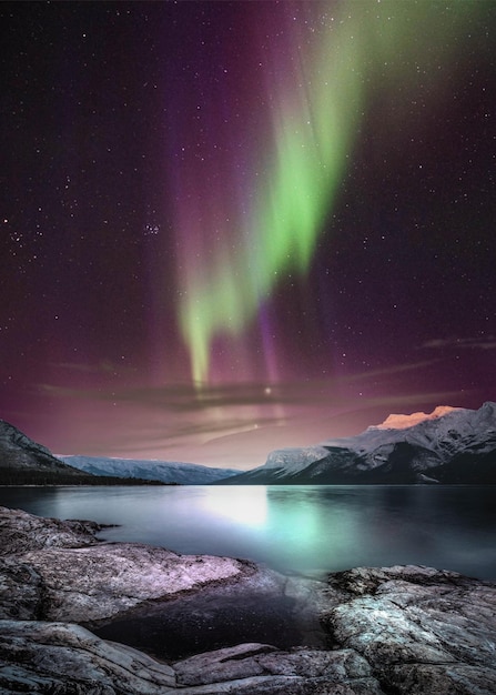 scenic view of lake against aurora borealis at night