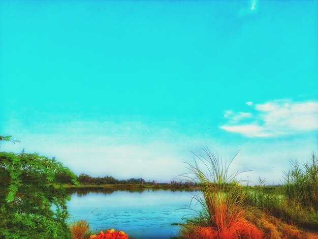 Scenic view of lake against blue sky