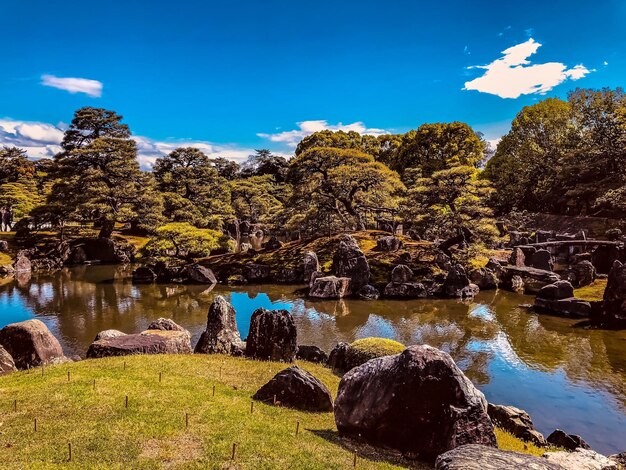 Scenic view of lake against blue sky